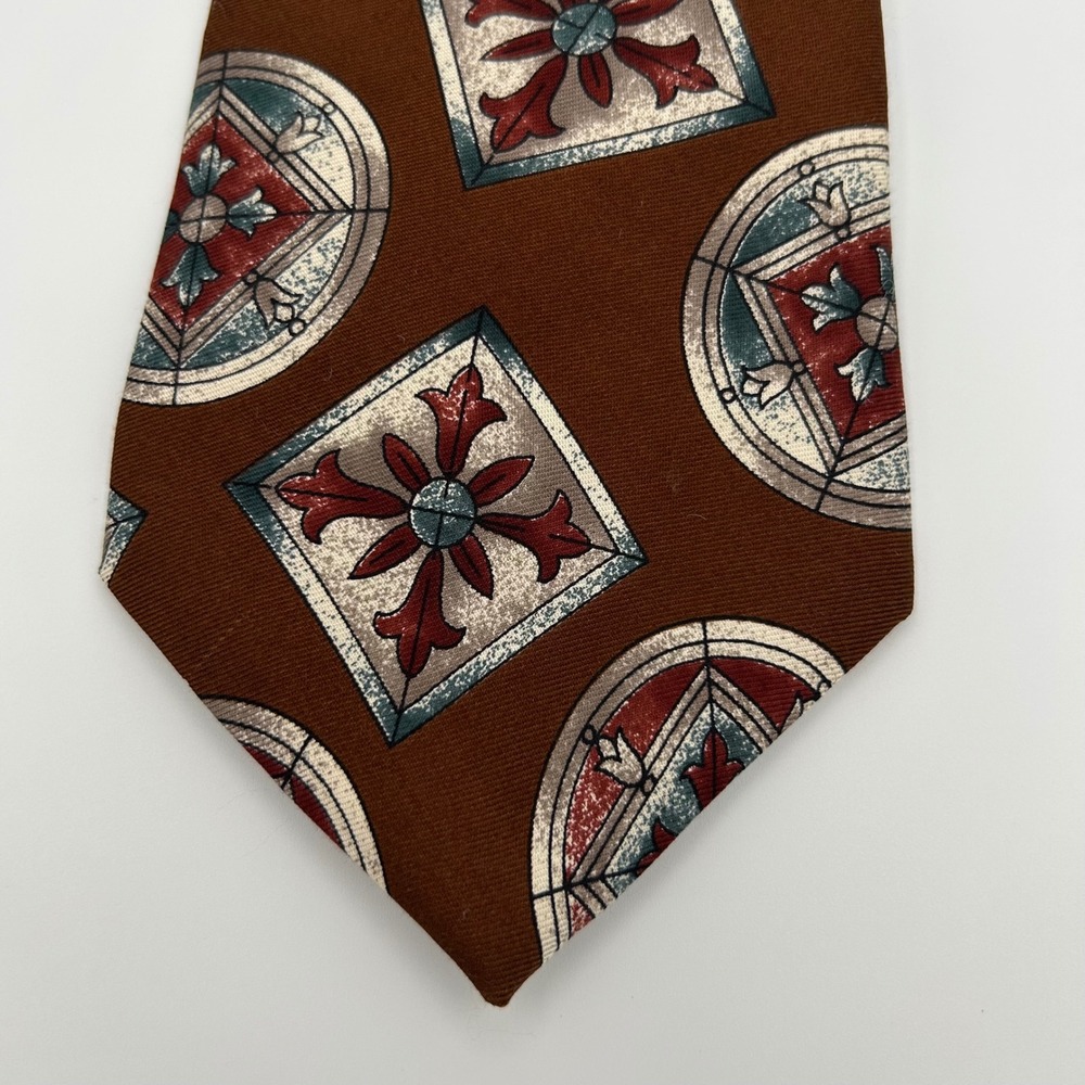 Oscar de la Renta Tie Mens OS Brown Silk Geometric Stained Glass Vintage